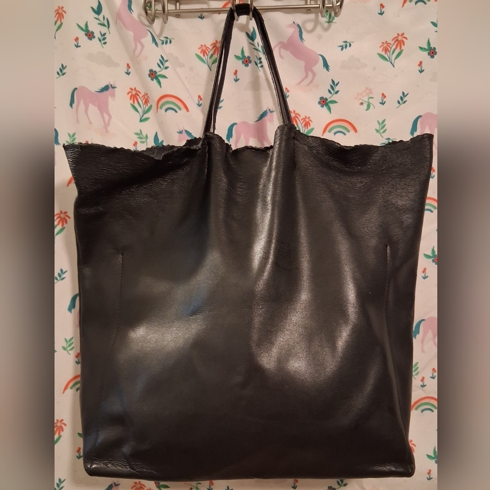 White Oak Factory Black Leather Minimalist Casual Everyday Slouchy Tote Purse